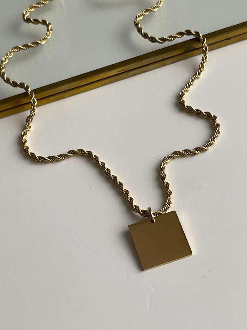 Çelik Gold Burgu Halat İsim Yazdırılabilen Plaka Kolye (51 Cm)