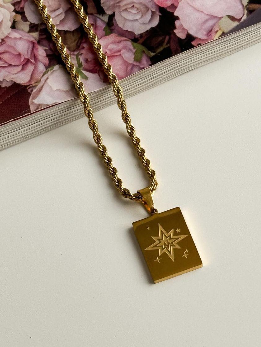 Çelik Gold Burgu Halat Kare Yıldızlı Uzun Kolye (65 Cm)