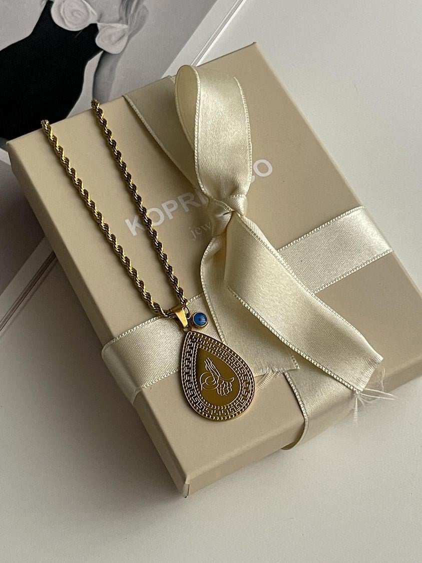 Çelik Gold Burgu Halat Nazar Boncuklu Maide Kolye (47 Cm)