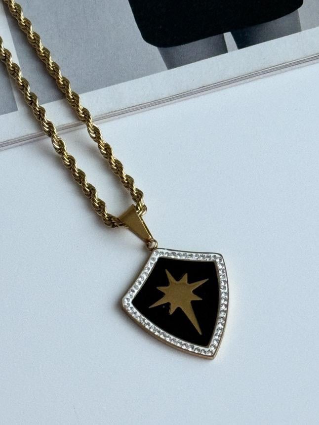 Çelik Gold Burgu Halat Siyah Yıldız Uzun Maide Kolye (64 Cm)