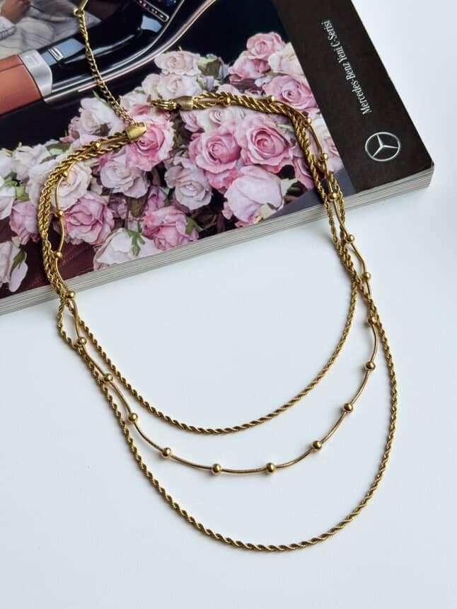 Çelik Gold Burgu Halat Topçuklu Üçlü Kombin Kolye (48 Cm)