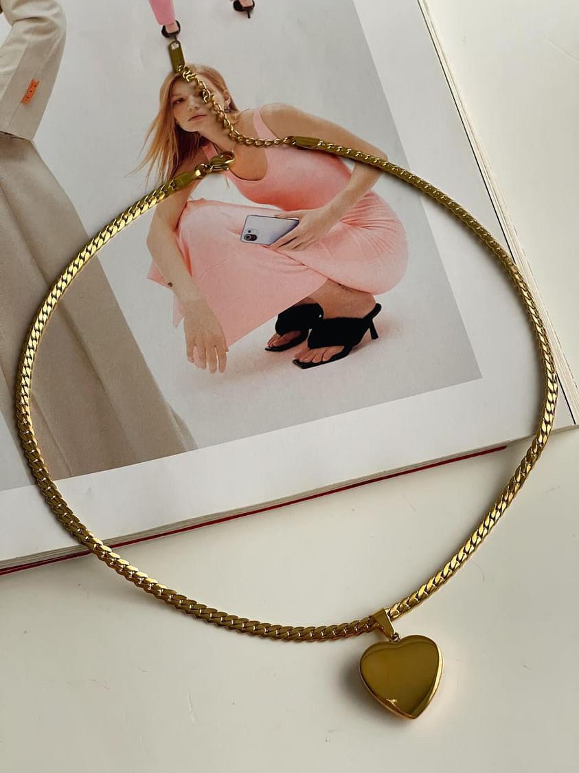 Çelik Gold Desenli Zincir Kalp Kolye (45 Cm)