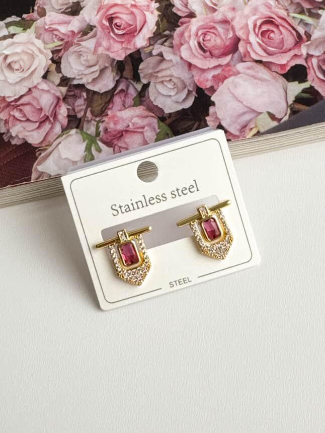 Çelik Gold Fuşya Taşlı Serenay Küpe (1.5 Cm)