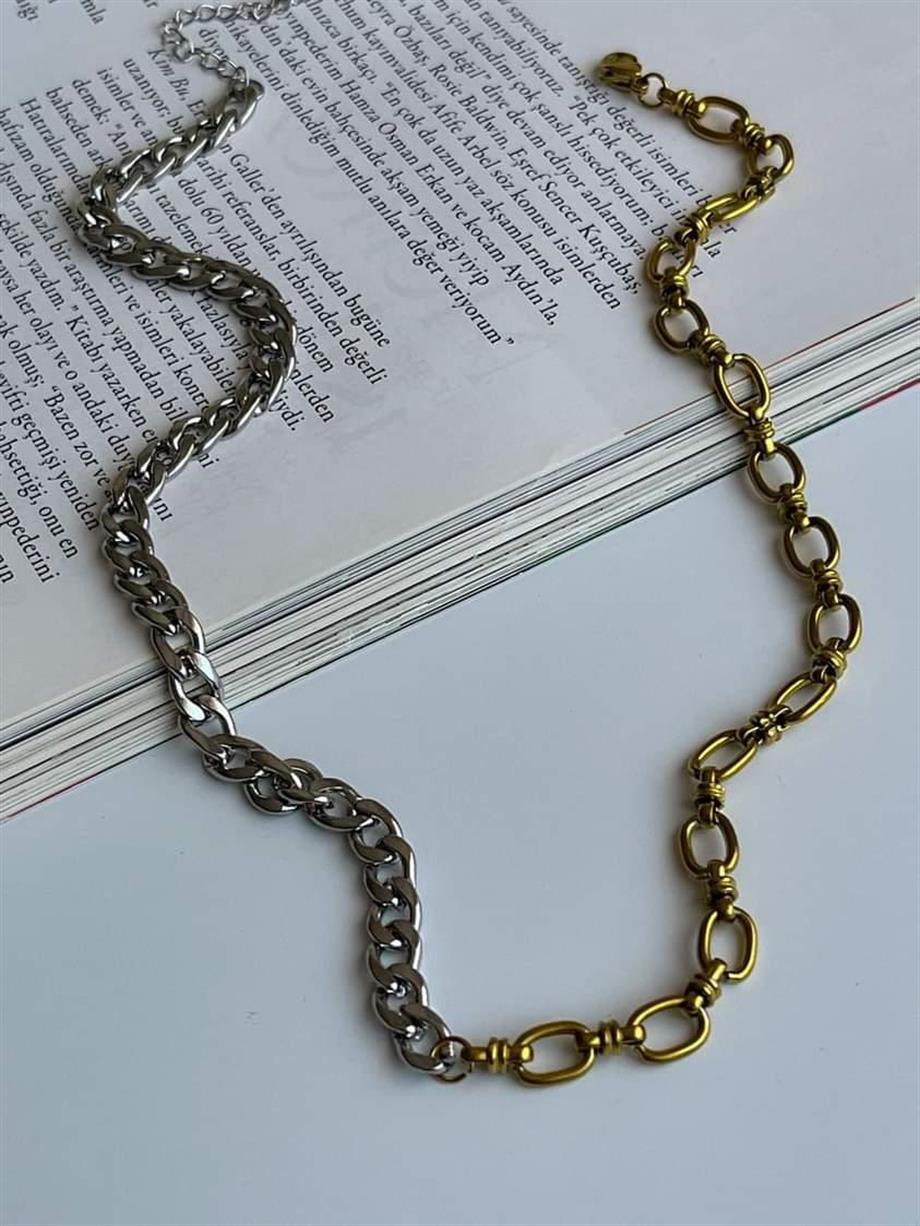 Çelik Gold Gümüş Detaylı Özel Tasarım Kolye (46 Cm)