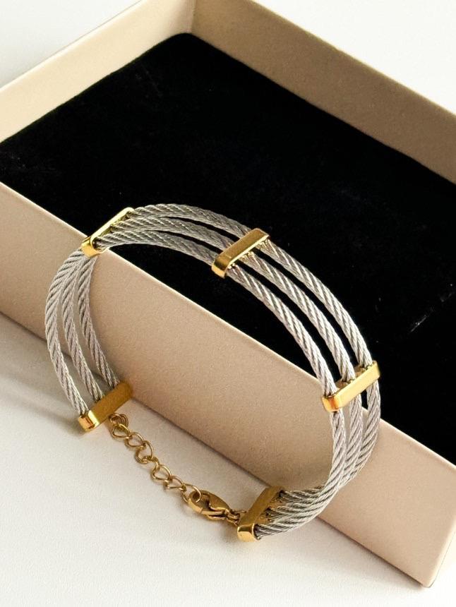 Çelik Gold Gümüş Kombinli Hasır Örgü Kelepçe Bileklik 