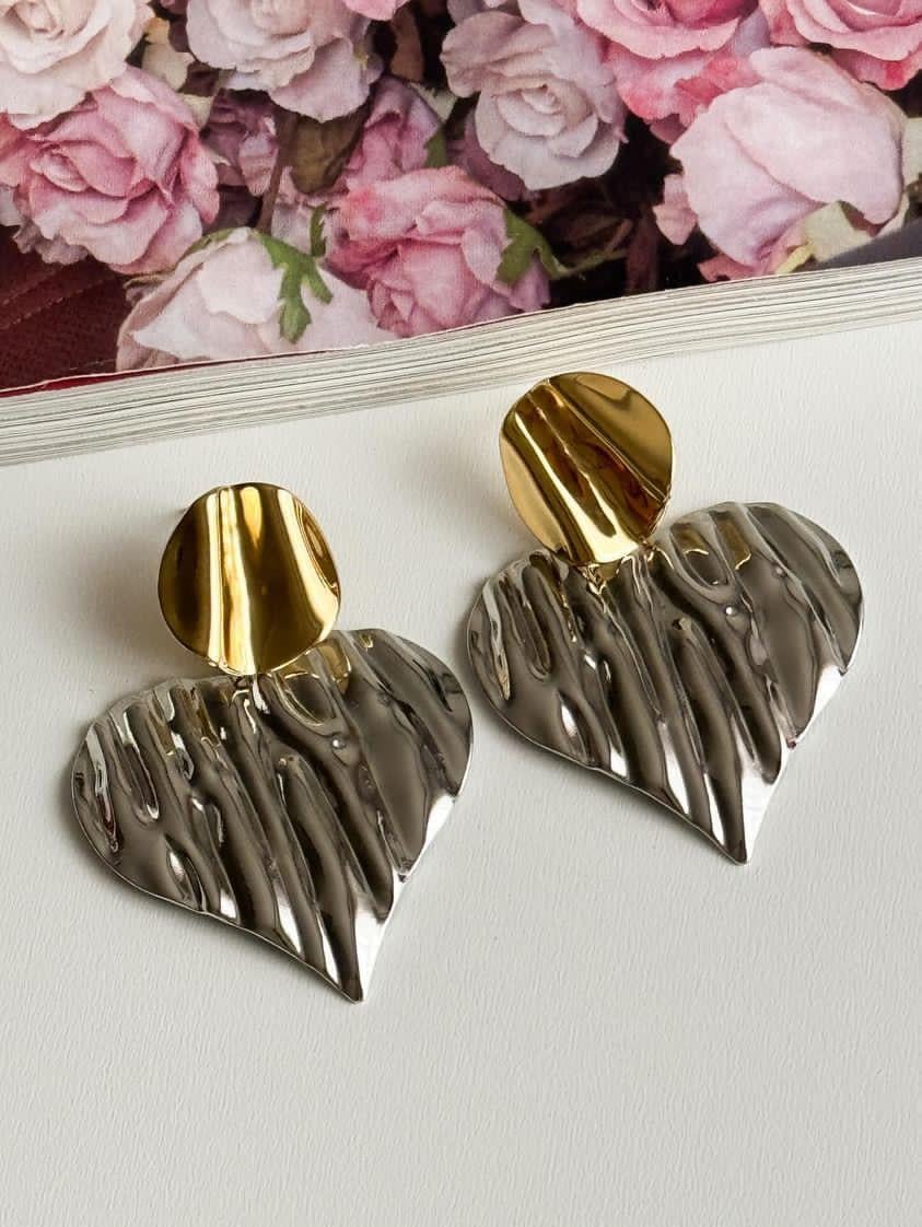 Çelik Gold Gümüş Renk Kombinli Kalp Küpe (5 Cm)