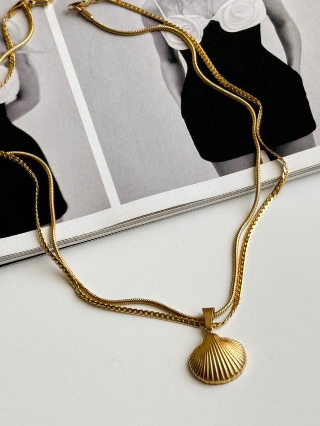 Çelik Gold İkili Birleşik Kombin İstiridye Kolye (45 Cm)