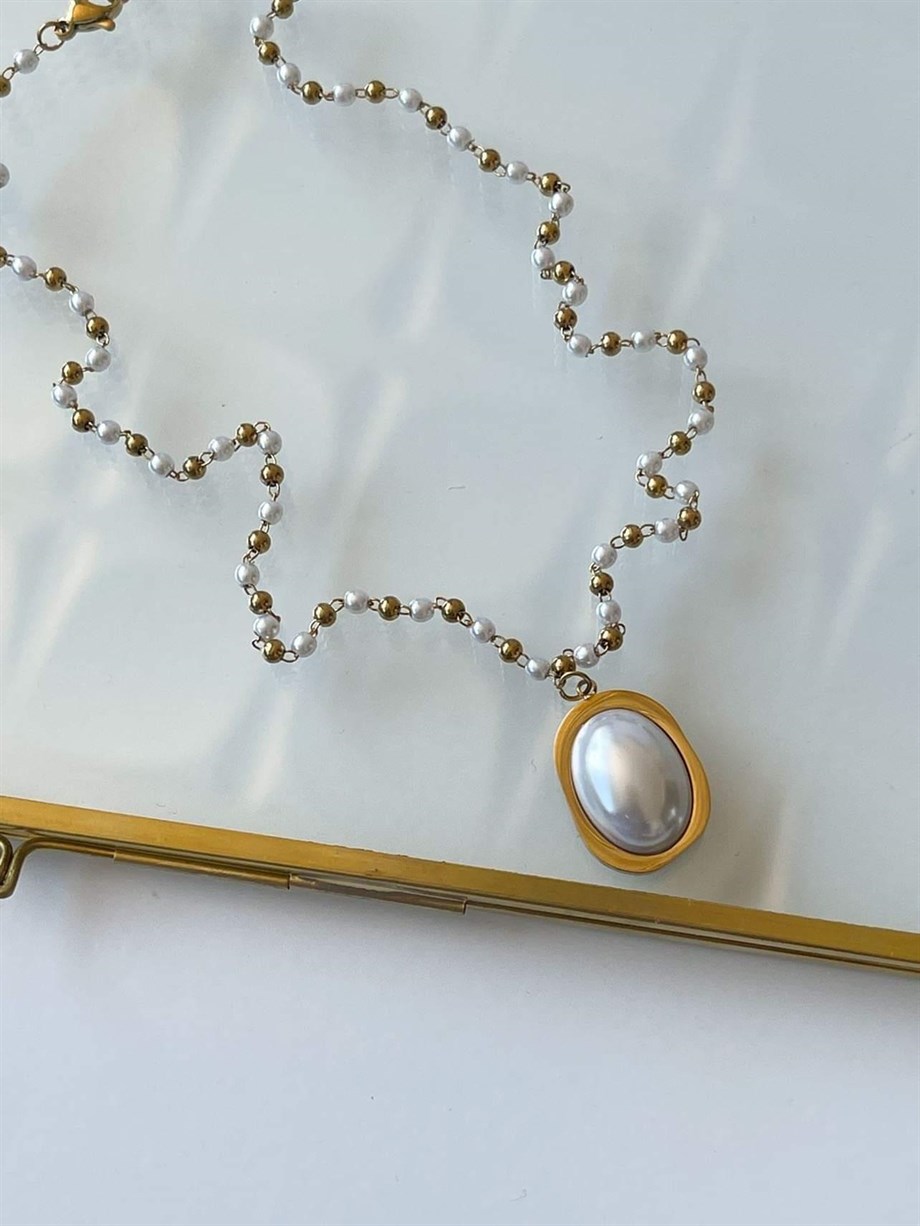 Çelik Gold İnci Detaylı Kolye (47 Cm)