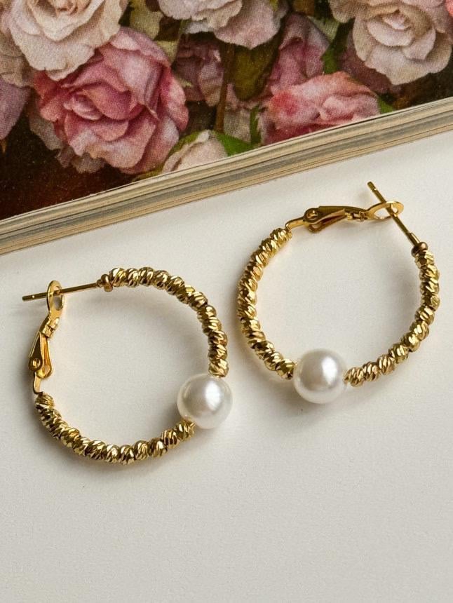 Çelik Gold İncili Dorika Halka Küpe (3.20 Cm)