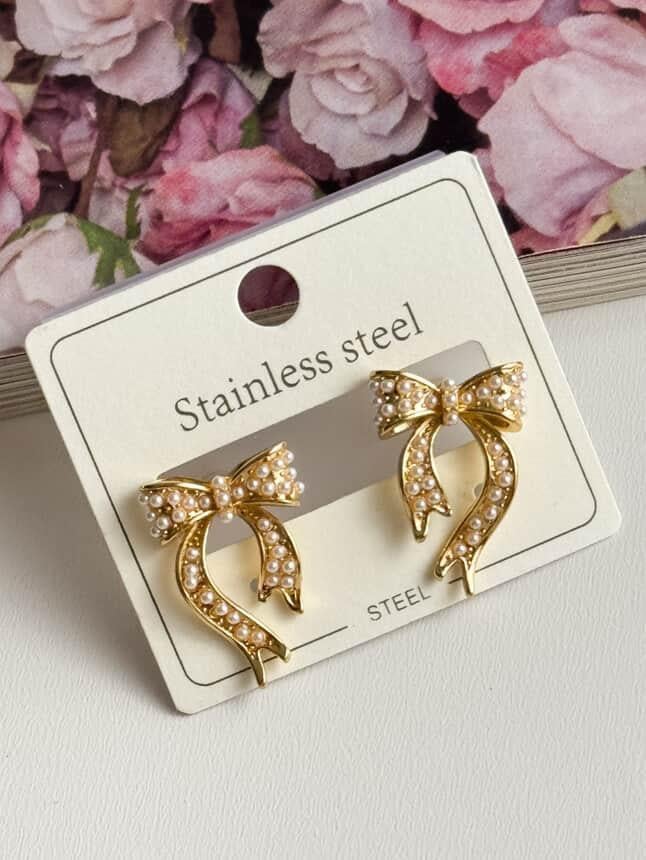 Çelik Gold İncili Fiyonk Küpe (2 Cm)