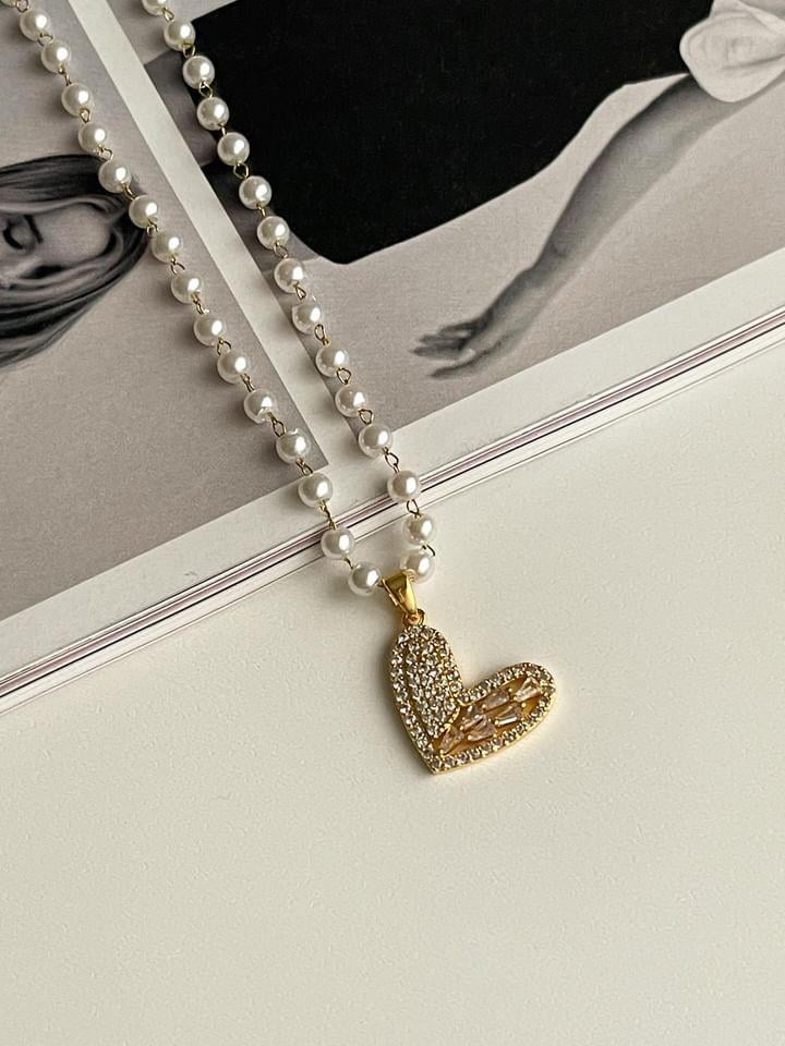 Çelik Gold İncili Kalpli Kolye (49 Cm)