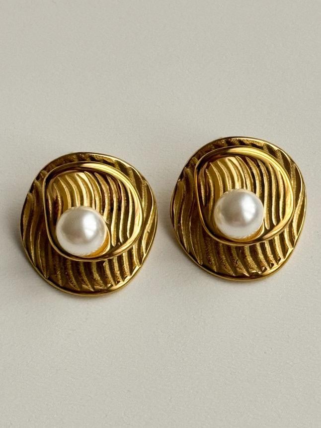 Çelik Gold İncili Midye Küpe (2.10 Cm)