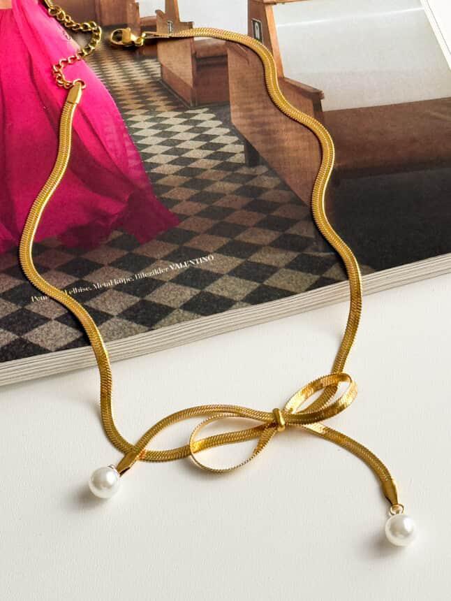 Çelik Gold İtalyan Fiyonk İncili Kolye  (40 Cm)