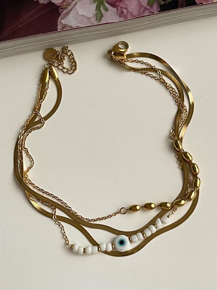 Çelik Gold İtalyan Topçuklu Beyaz Nazar Boncuklu Dörtlü Birleşik Kombin Kolye (27 Cm)