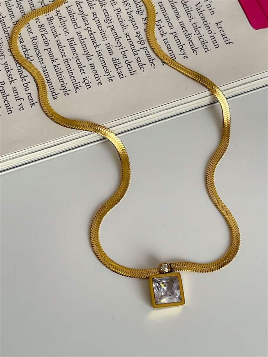 Çelik Gold İtalyan Zincir Baget Taşlı Kolye (45 Cm)