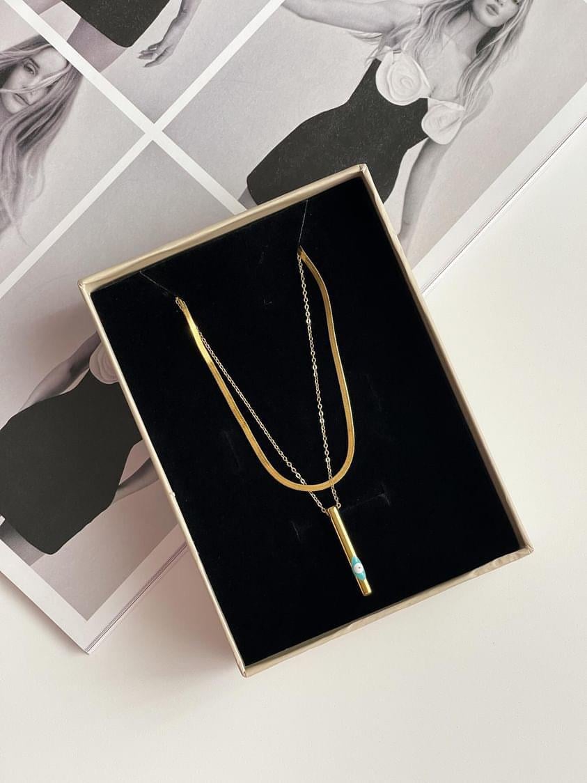 Çelik Gold İtalyan Zincir Nazar Boncuklu İkili Birleşik Kombin Kolye (49 Cm)