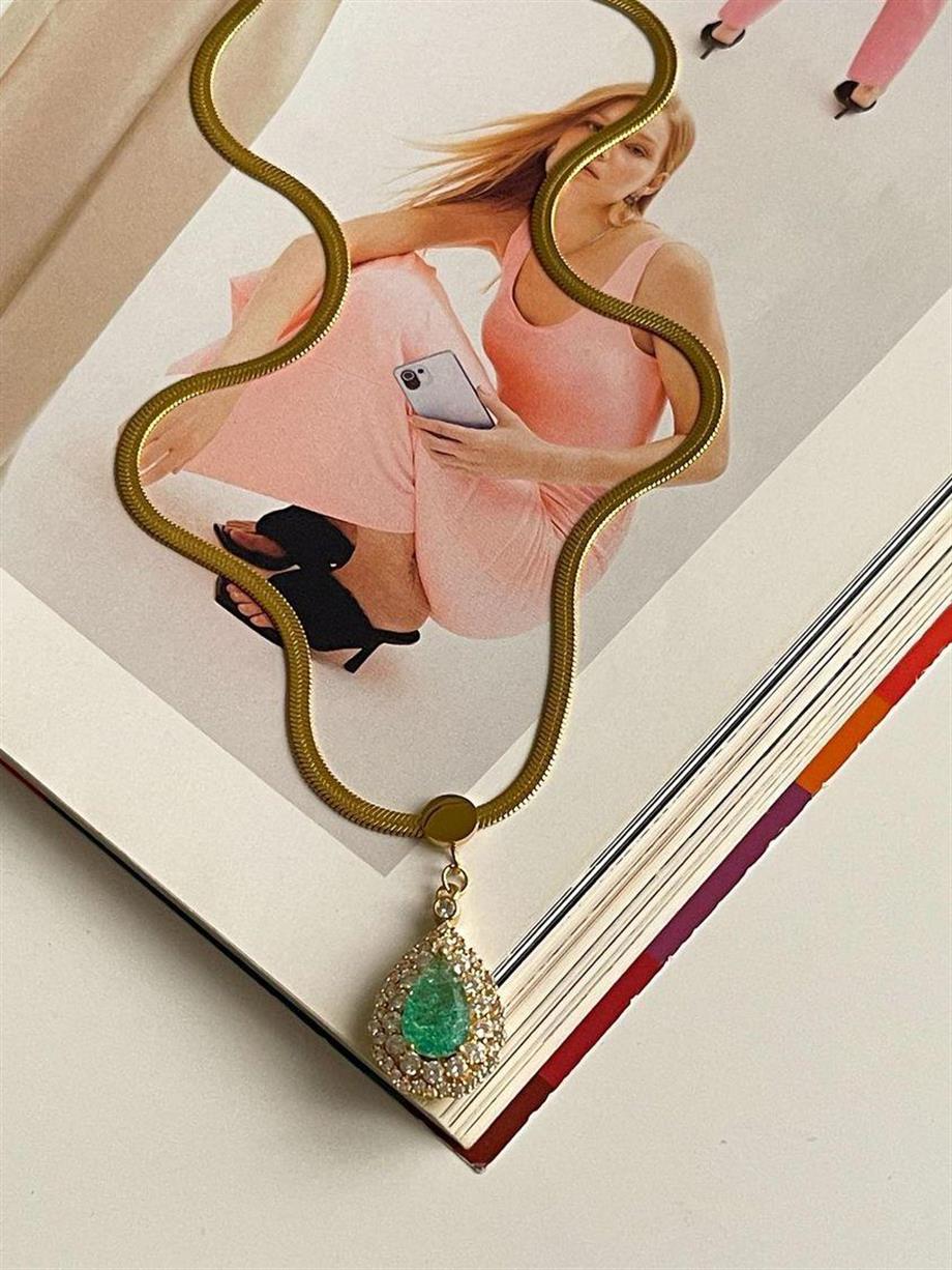 Çelik Gold İtalyan Zincir Yeşil Zirkon Taşlı Kolye (46 Cm)