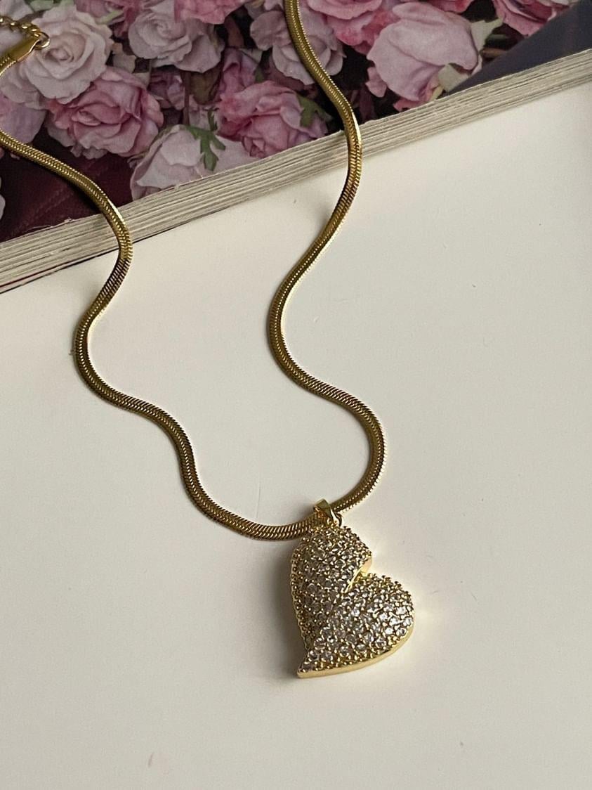 Çelik Gold İtalyan Zincir Zirkon Taşlı Kalp Kolye (47 Cm)