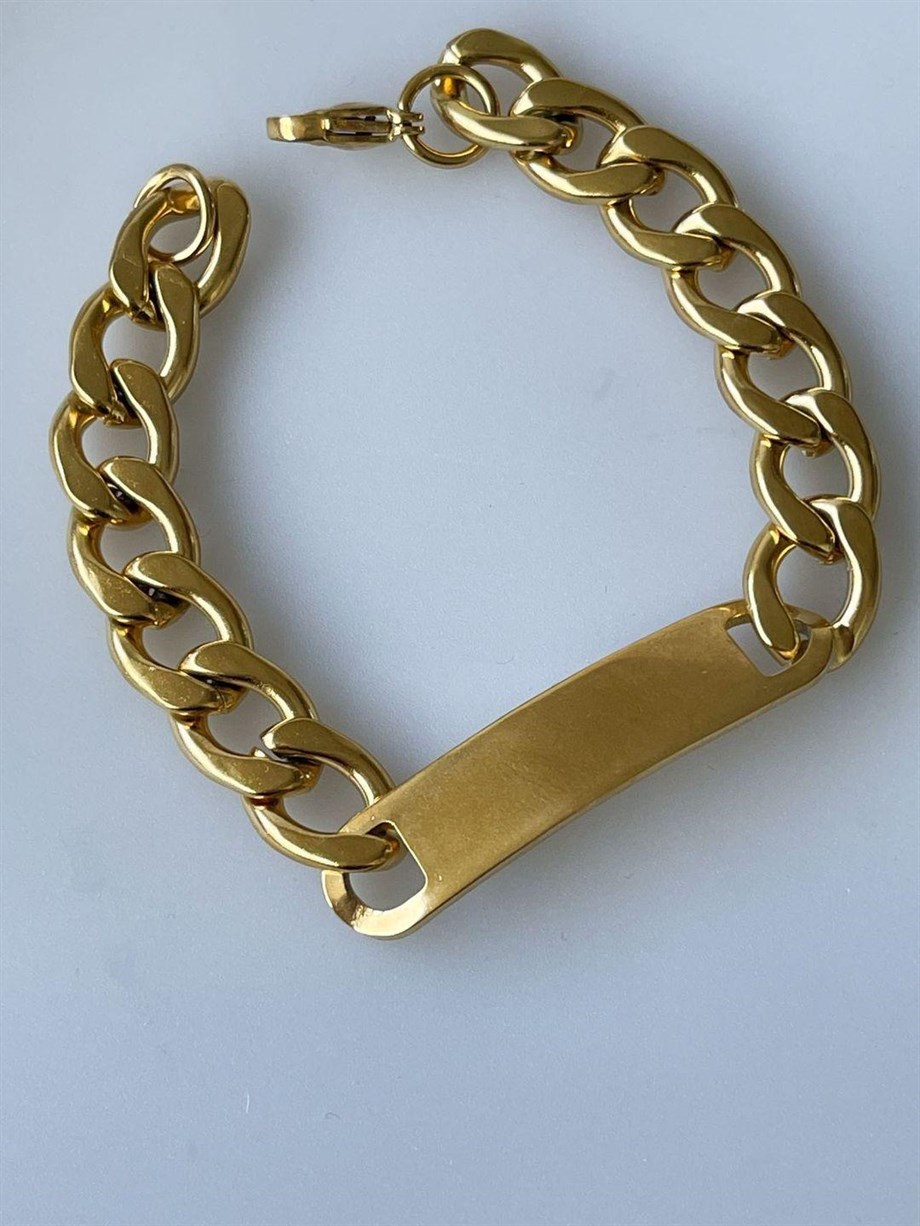 Çelik Gold Kalın İsim Yazdırılabilir Künye Bİleklik (21 Cm)