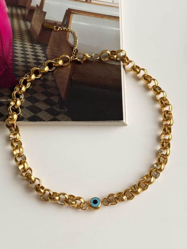 Çelik Gold Kalın Nazar Boncuklu Kolye (46 Cm)