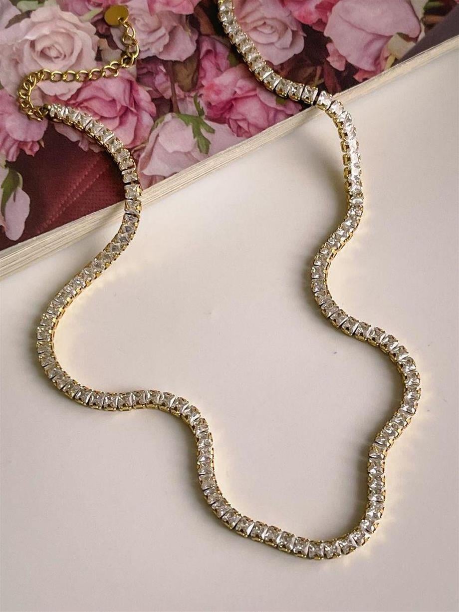 Çelik Gold Kare Taşlı Su Yolu Kolye (46 Cm)