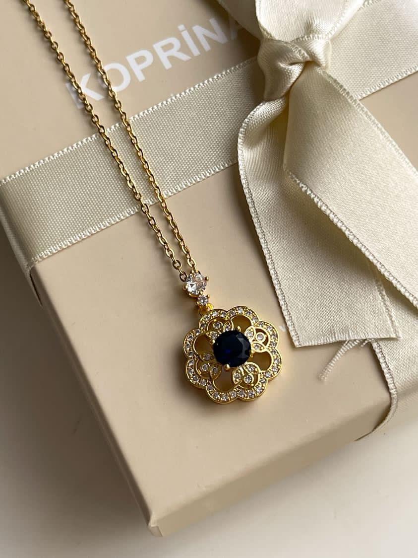 Çelik Gold Lacivert Taşlı Vintage Hera Kolye (44 Cm)