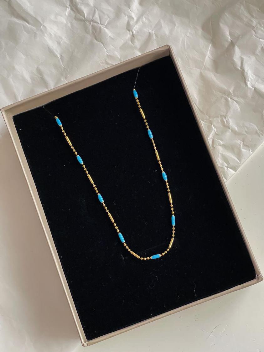 Çelik Gold Mavi Detaylı Kolye (46 Cm)
