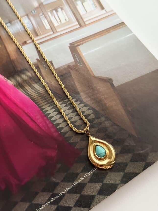 Çelik Gold Mavi Firuze Burgu Halat Kolye (45 Cm)