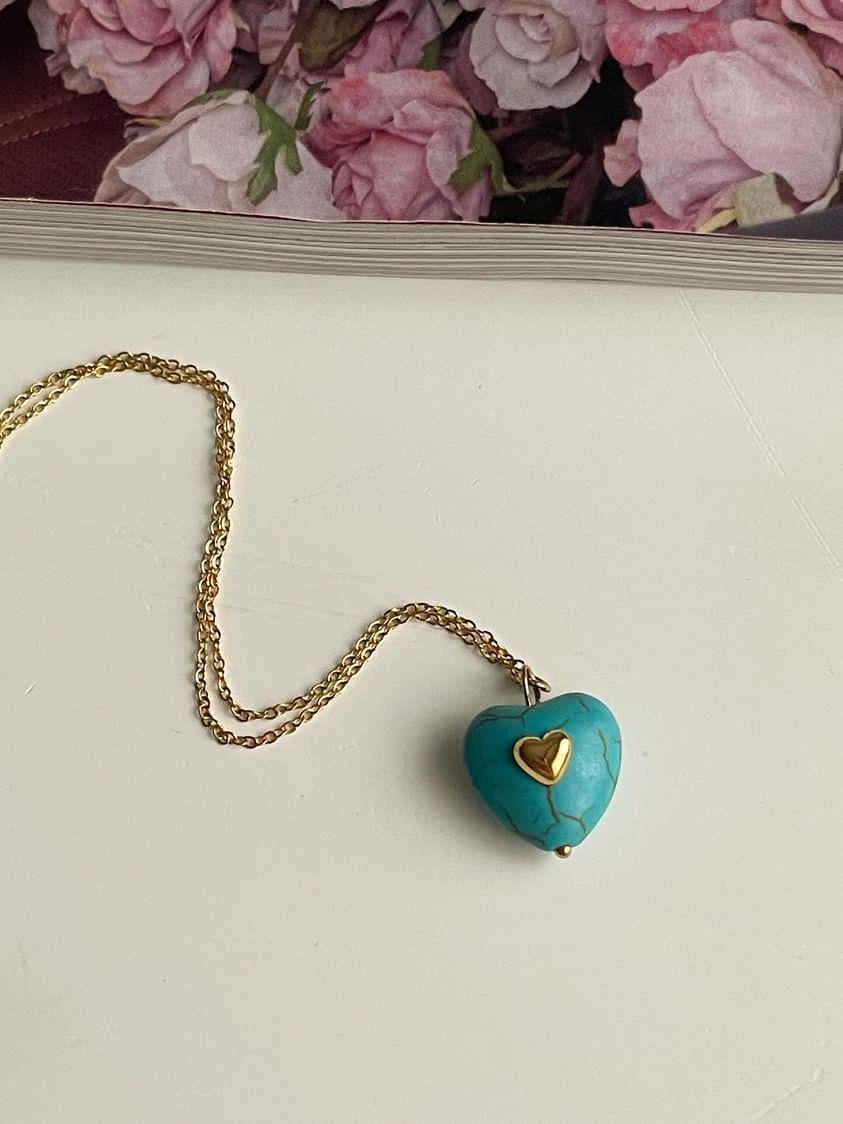 Çelik Gold Mavi Firuze Kalp Kolye (48 Cm)