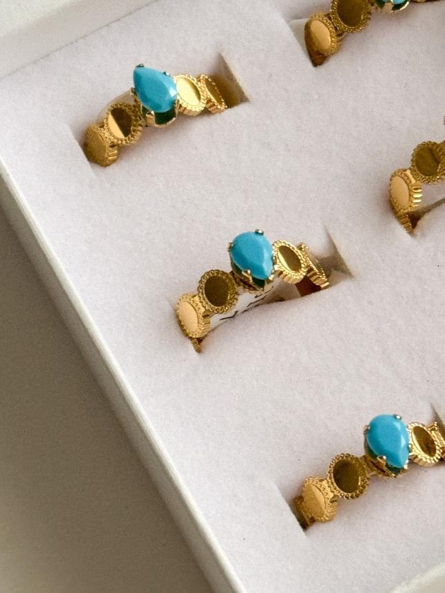 Çelik Gold Mavi Firuze Numaralı Yüzük (18 Numara)