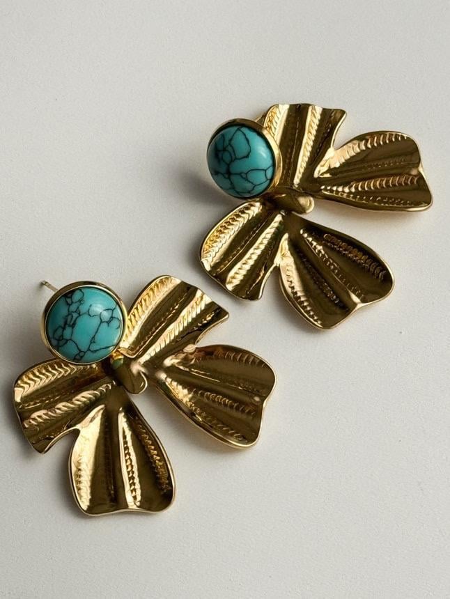 Çelik Gold Mavi Firuze Taşlı Fiyonk Küpe (4 Cm)