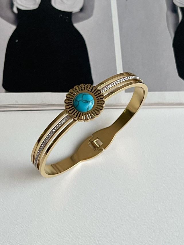Çelik Gold Mavi Firuze Taşlı Kelepçe Bilezik 