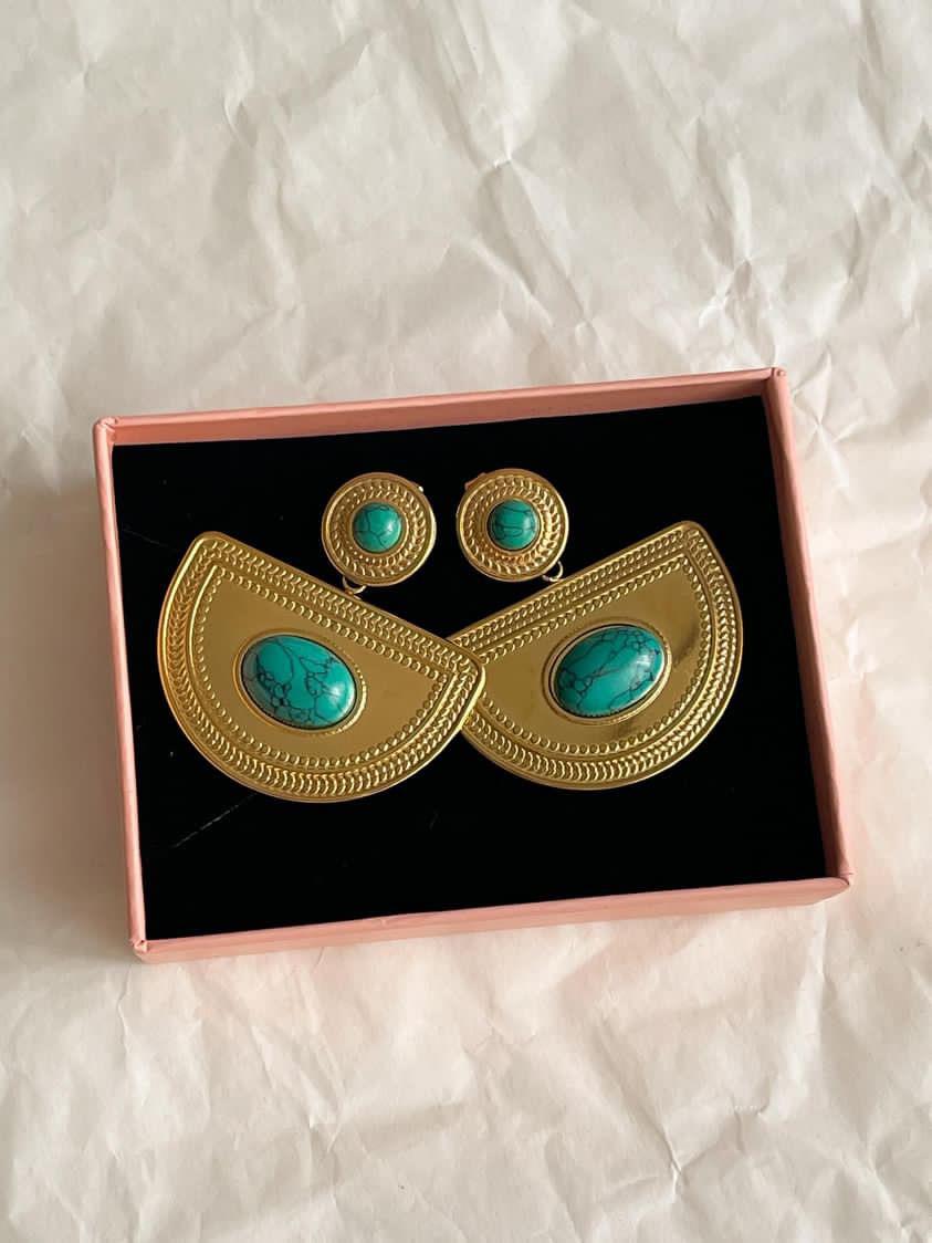 Çelik Gold Mavi Firuze Taşlı Küpe (4 Cm)