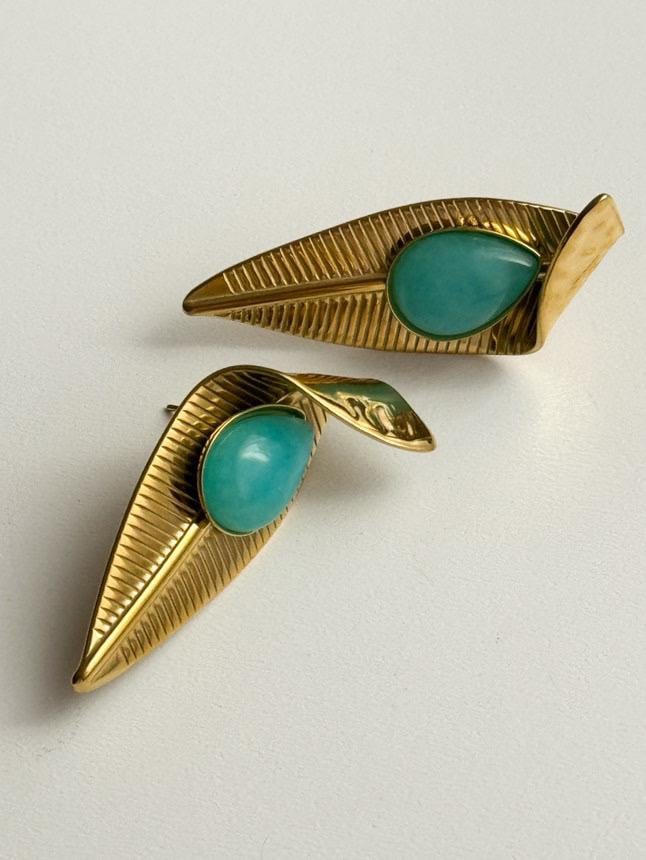 Çelik Gold Mavi Firuze Taşlı Küpe (4 Cm)