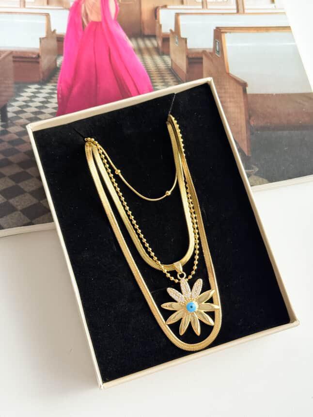 Çelik Gold Mavi Göz Çiçekli Dörtlü Birleşik Olmayan Kombin Kolye (65 Cm)