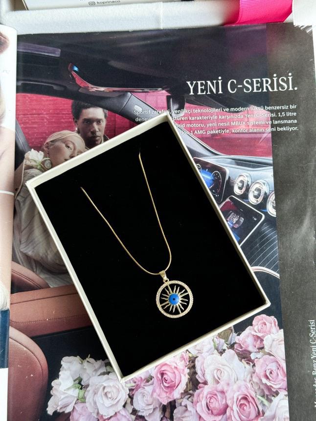 Çelik Gold Mavi Göz Güneş Kolye  (44 Cm)