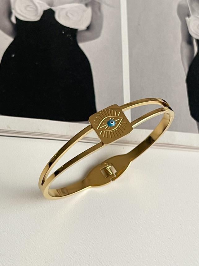 Çelik Gold Mavi Göz Kelepçe Bileklik 
