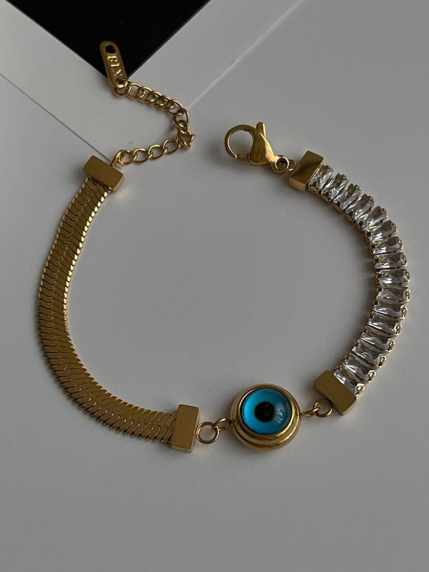 Çelik Gold Mavi Nazar Boncuklu İtalyan Zincir Baget Kombinli Bileklik (21 Cm)