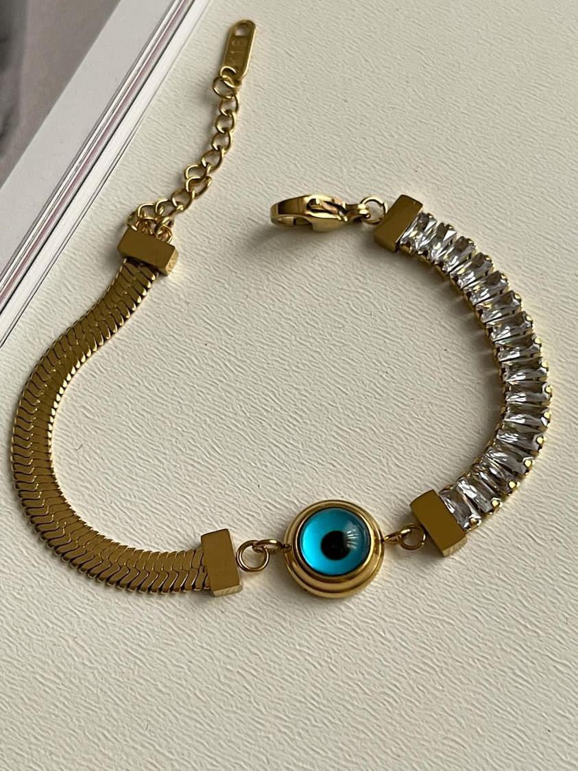Çelik Gold Mavi Nazar Boncuklu İtalyan Baget Kombinli Bileklik (21 Cm)