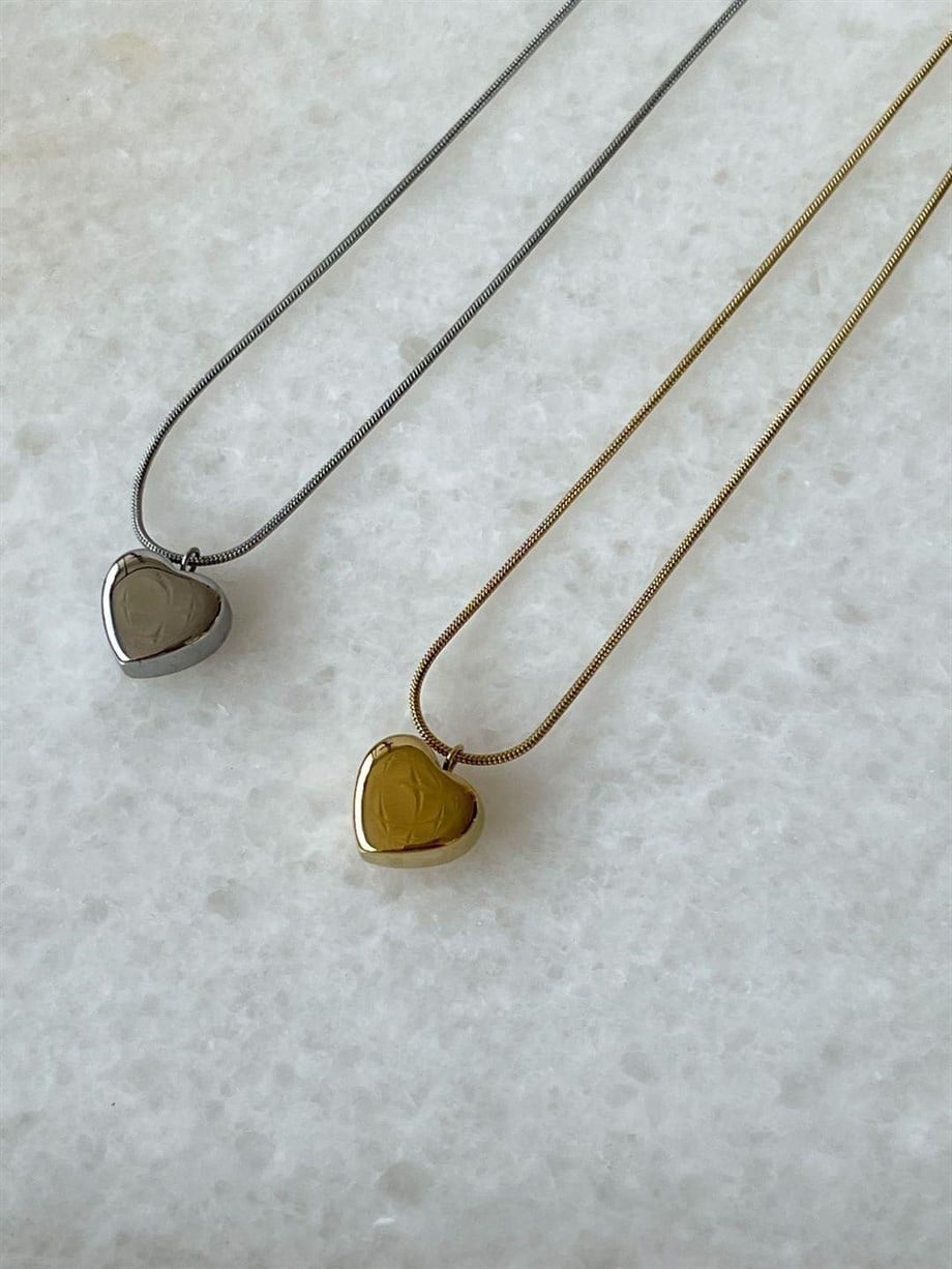 Çelik Gold Minimal Bombeli Kalp Kolye (45 Cm)