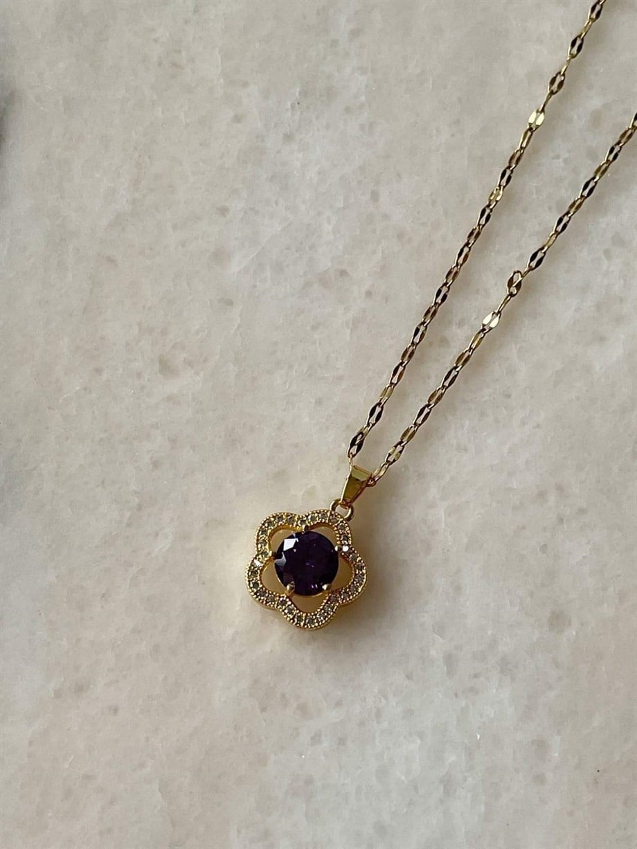 Çelik Gold Mor Baget Taşlı Minimal Kolye (45 Cm)