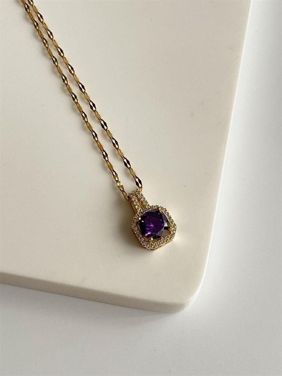Çelik Gold Mor Taşlı Hera Kolye (46 Cm)
