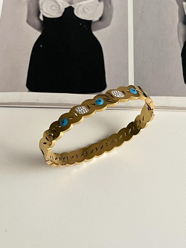 Çelik Gold Nazar Boncuklu Kelepçe Bileklik 