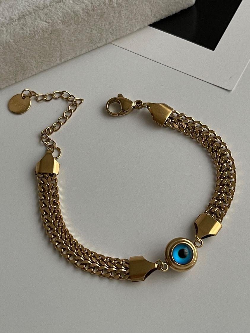 Çelik Gold Nazar Boncuklu Örgü Bileklik (22 Cm)