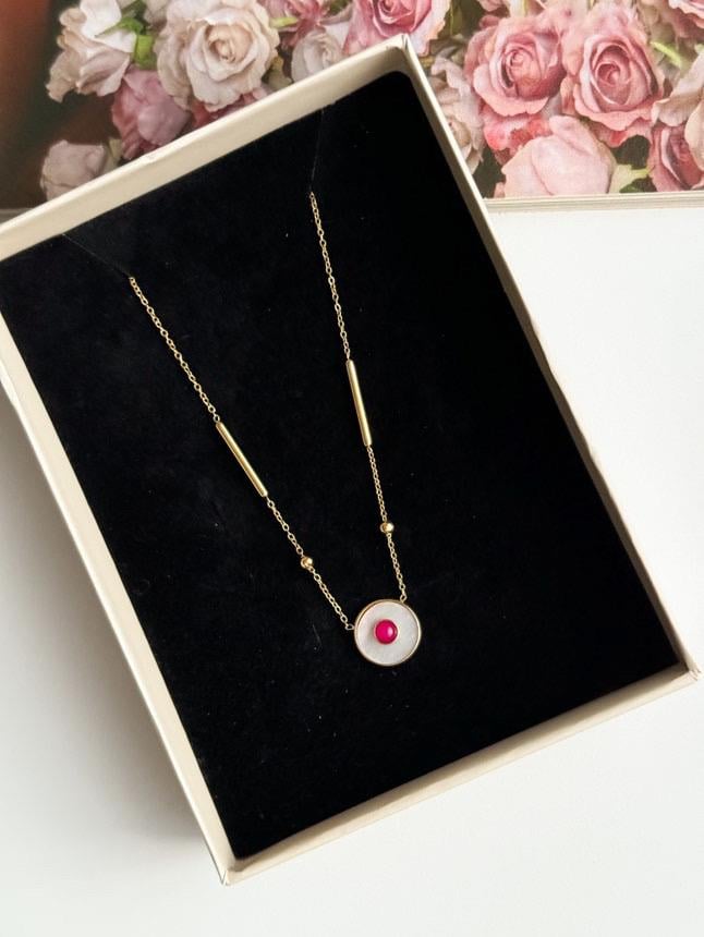 Çelik Gold Pembe Taşlı Sedefli Minimal Kolye (51 Cm)
