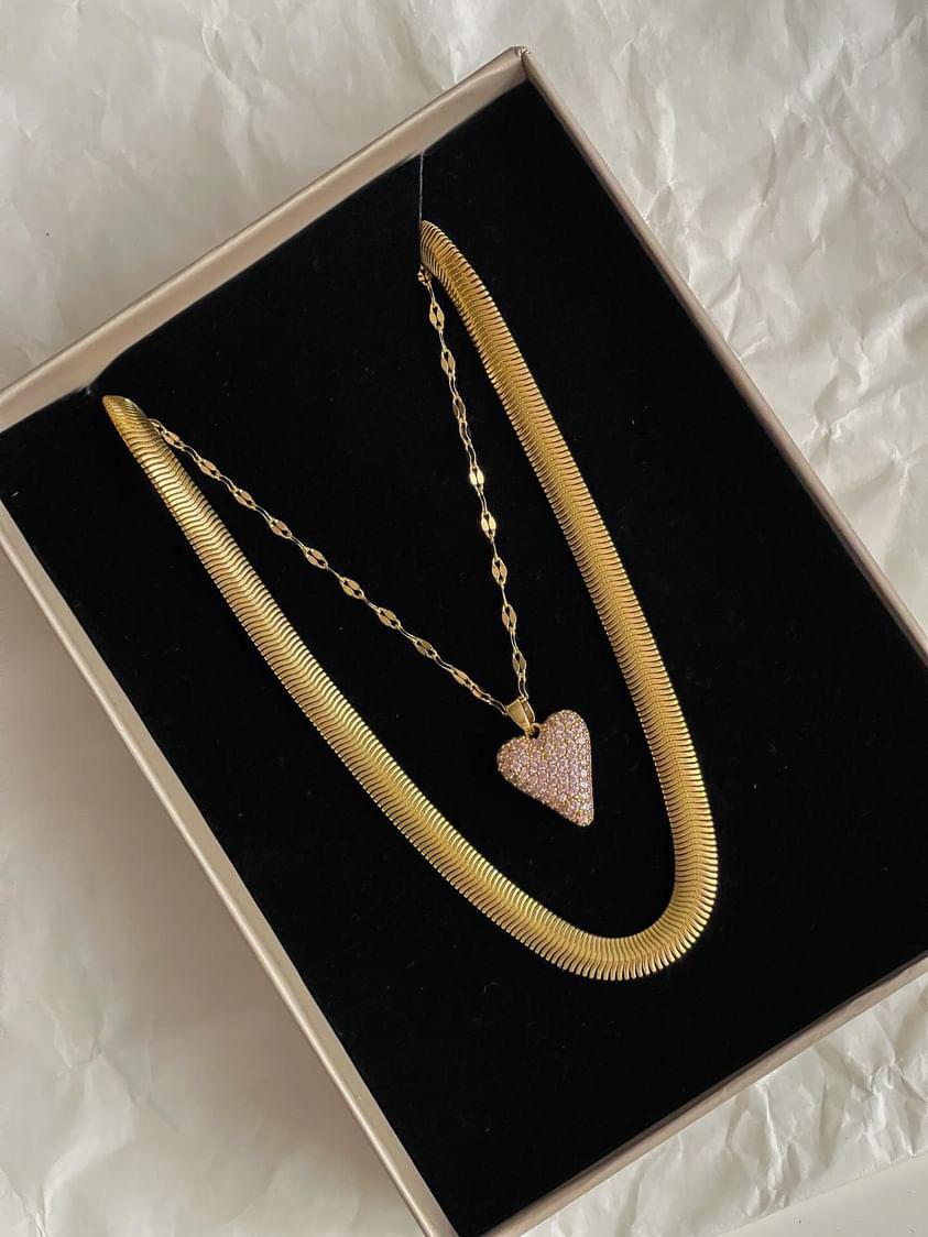 Çelik Gold Pembe Zirkon Taşlı Kalp Kolye (46 Cm)