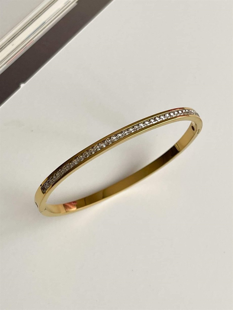 Çelik Gold Renk Baget Taşlı Kelepçe Bileklik  (6.5 Cm)