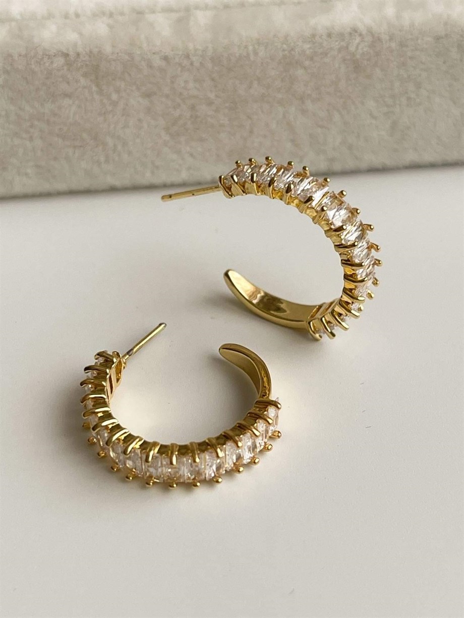 Çelik Gold Renk Baget Taşlı Lena Halka Küpe (2 Cm)