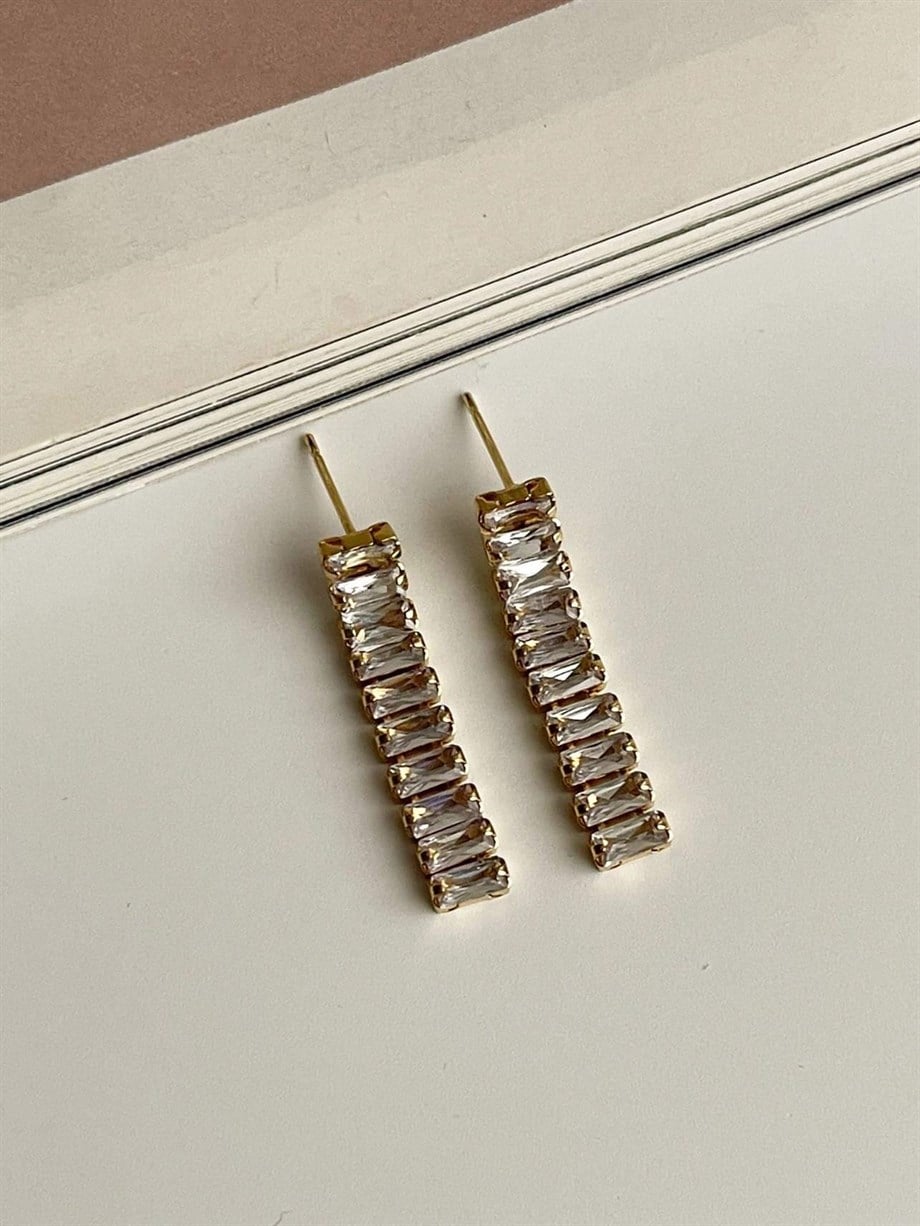 Çelik Gold Renk Baget Taşlı Valeria Lena Küpe (3 Cm)