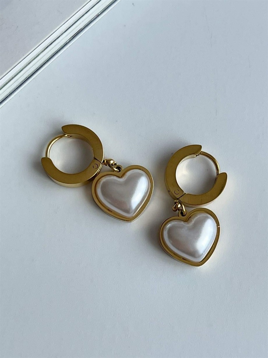 Çelik Gold Renk Beyaz Kalp Küpe (2.5 Cm)